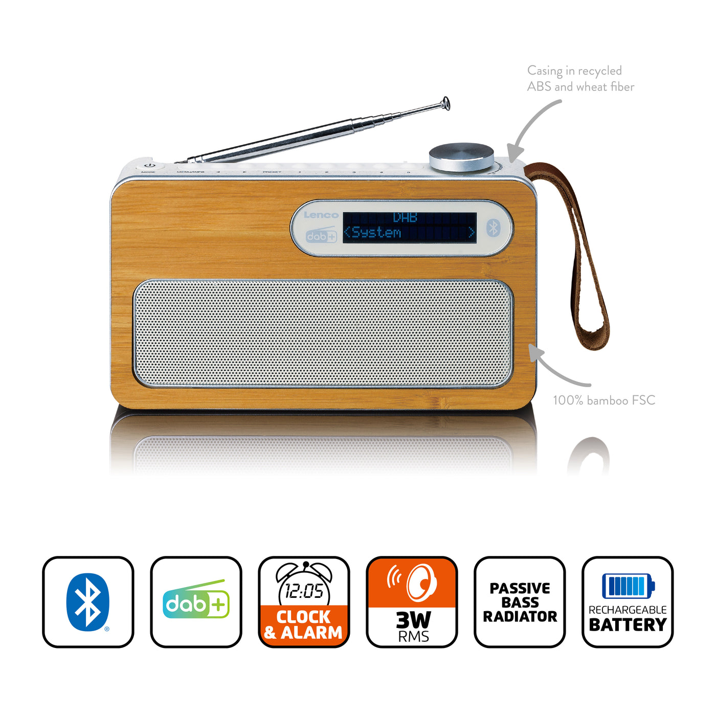 LENCO PDR-040EF - Draagbare DAB+/FM radio met oplaadbare batterij en Bluetooth® - Bamboe