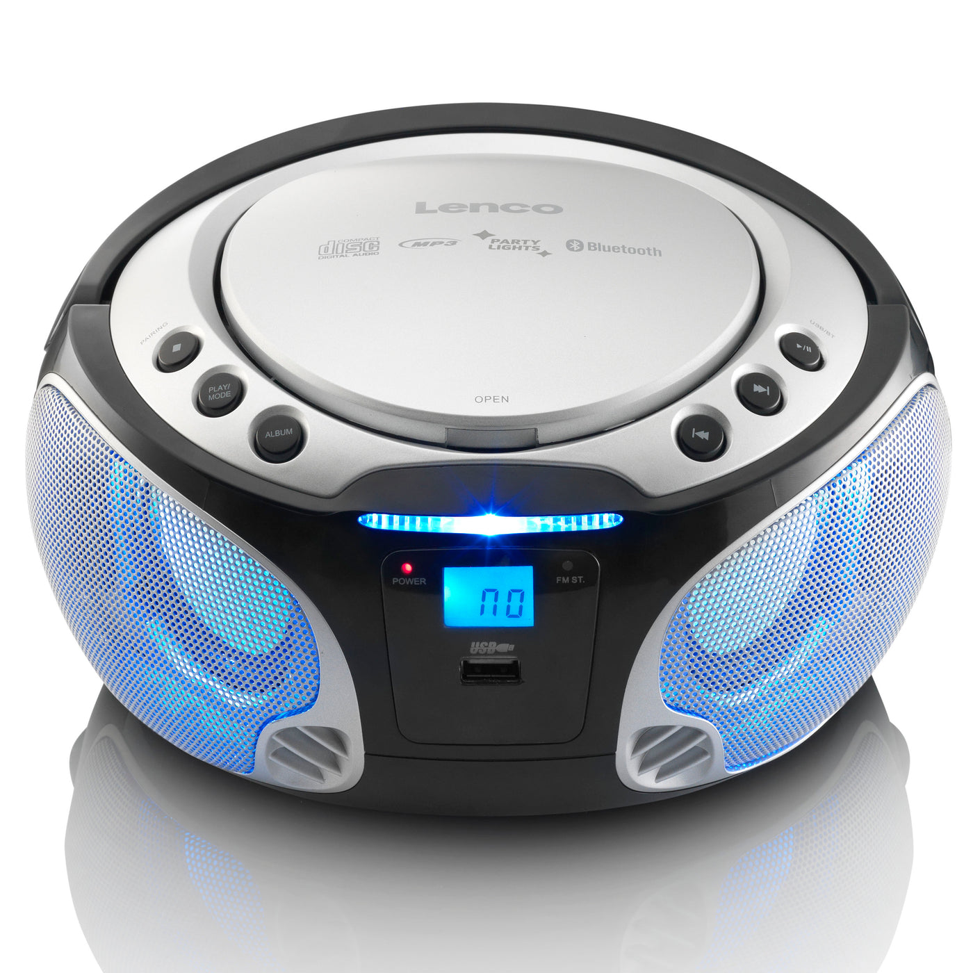 LENCO SCD-550SI - Draagbare FM Radio CD/MP3/USB/Bluetooth®-speler met LED verlichting - Zilver