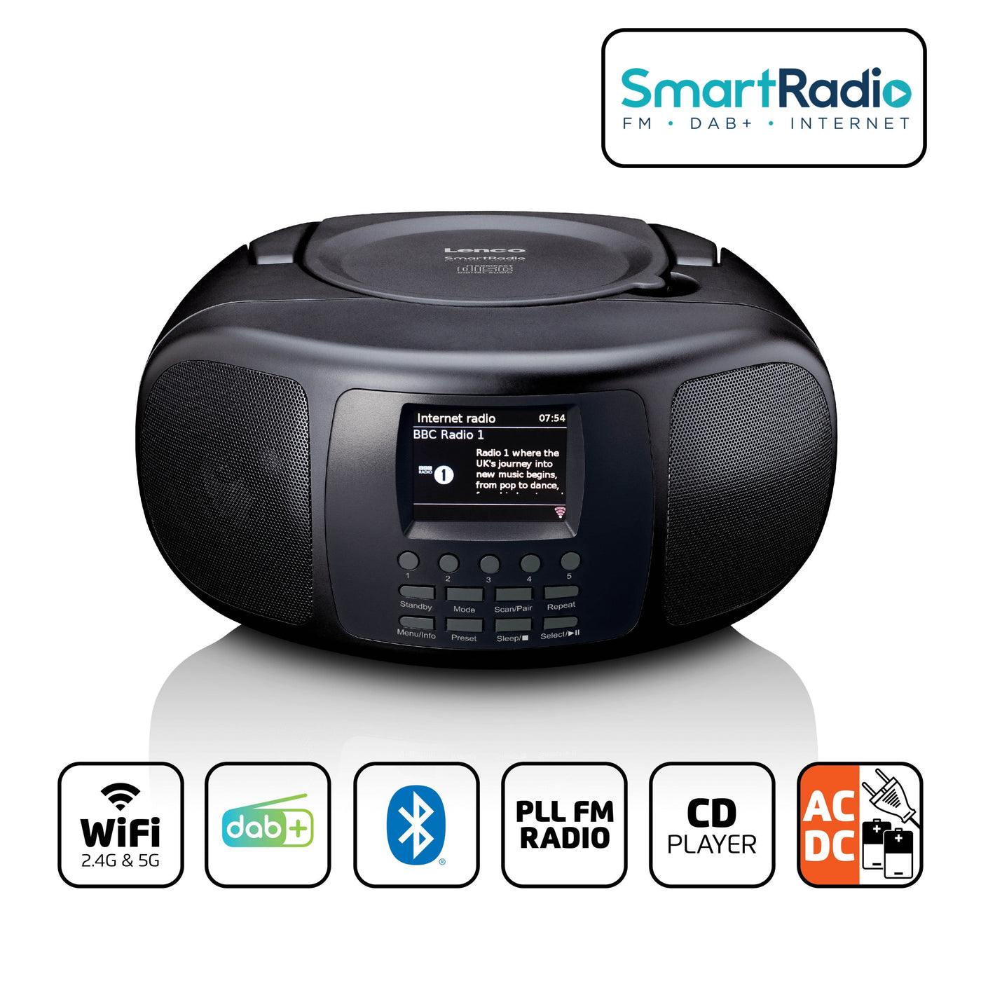 LENCO SCD-6000BK - Draagbare internet radio met DAB+/FM, Bluetooth®, CD-speler en groot LCD kleurendisplay - Zwart