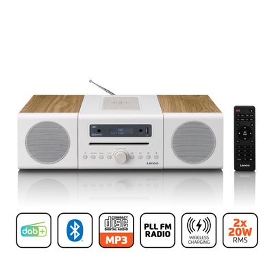 LENCO MC-375WHWD - HiFi Stereo system with DAB+/FM Radio, Bluetooth®, CD Player, and wireless charging station - White/Wood