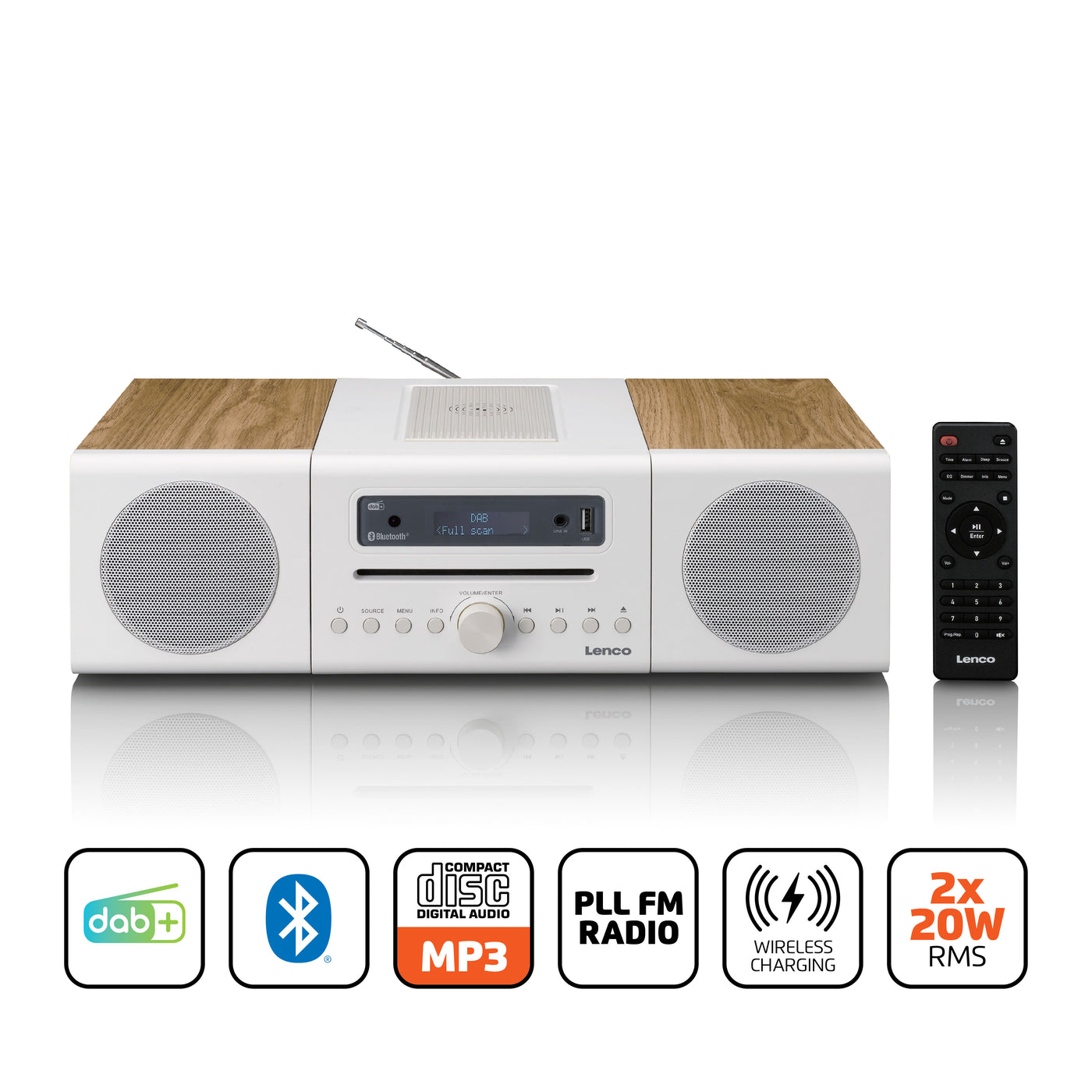 LENCO MC-375WHWD - HiFi Stereo system with DAB+/FM Radio, Bluetooth®, CD Player, and wireless charging station - White/Wood
