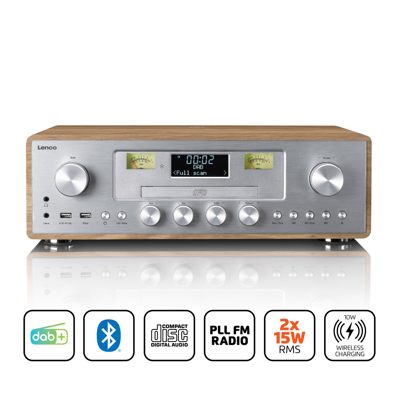 LENCO DAR-281WDSI - DAB+/FM radio with CD player, USB, Bluetooth® and wireless charging point - Wood/Silver