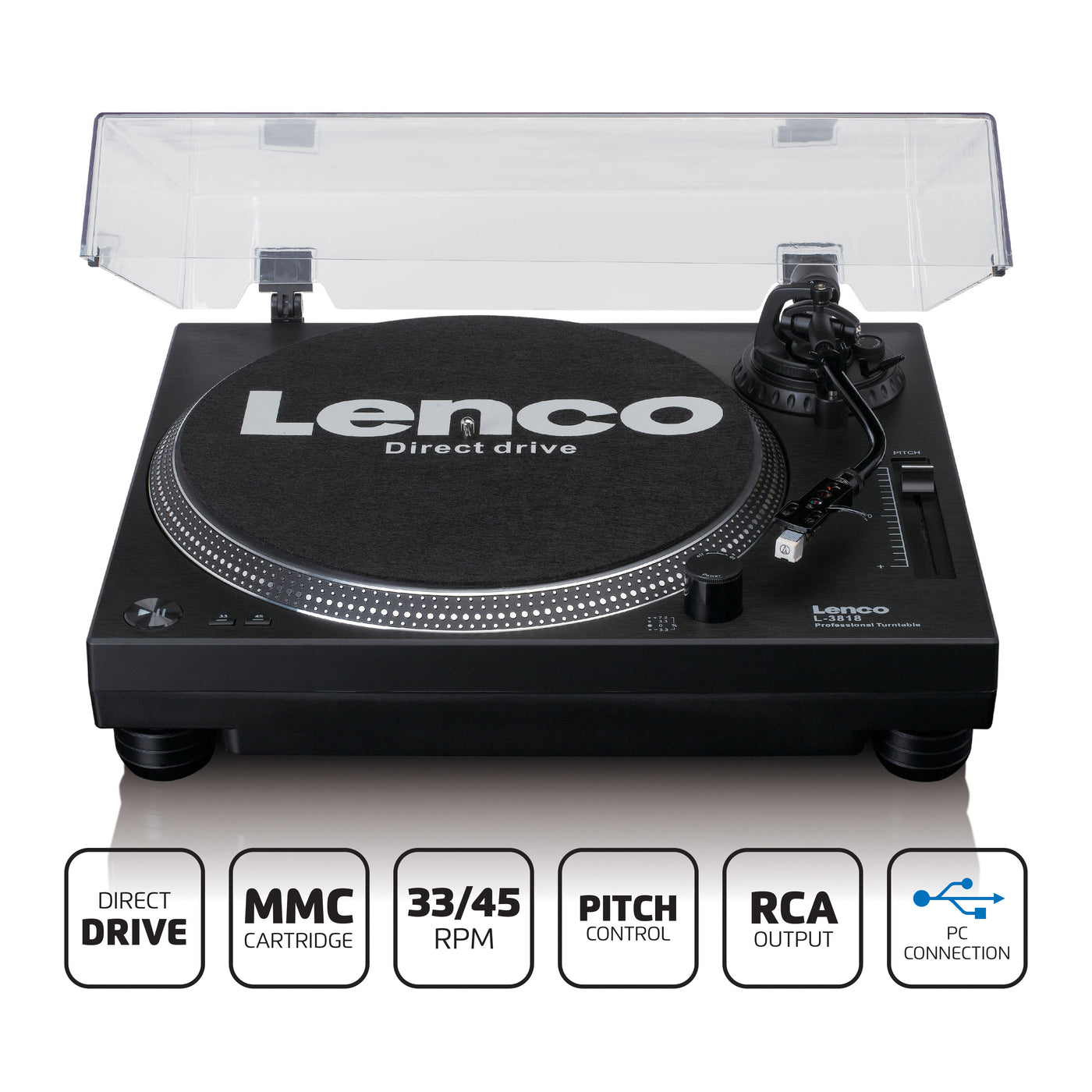 Lenco L-3818BK - Direct drive Record Player with USB/PC Encoding - Black