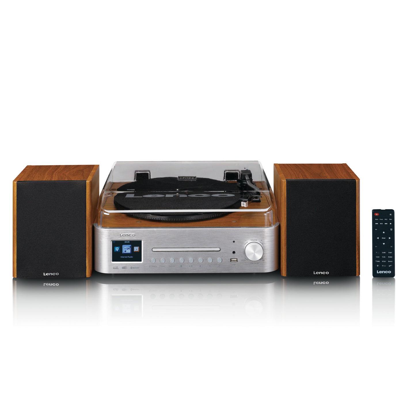 LENCO MC-660WDSI - Hifi set met internet, DAB+ en FM radio, Bluetooth®, CD/MP3-speler en platenspeler met twee externe houten luidsprekers - Zilver/Hout