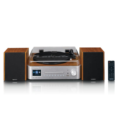 LENCO MC-660WDSI - Hi-Fi system with internet, DAB+, and FM radio, Bluetooth®, CD/MP3 player, and turntable with two external wooden speakers - Silver/Wood