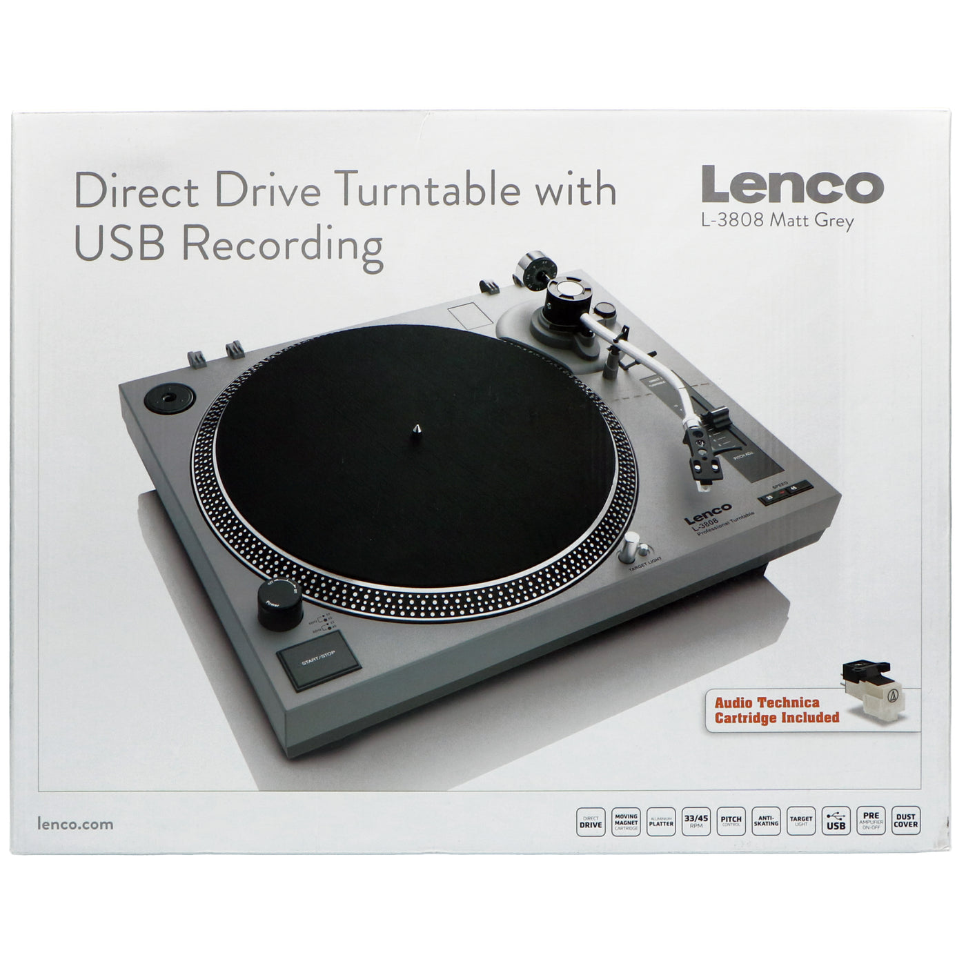 LENCO L-3808 Matt Grey - Direct aangedreven Platenspeler met USB/PC encoding - Mat grijs