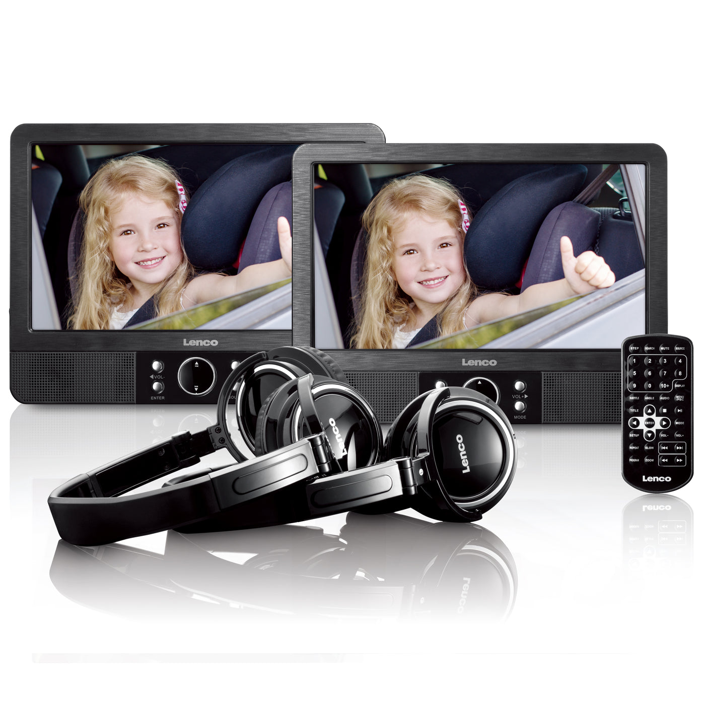 LENCO MES-415 - 9" dubbel scherm - Portable DVD-speler met hoofdtelefoon en brackets - Zwart