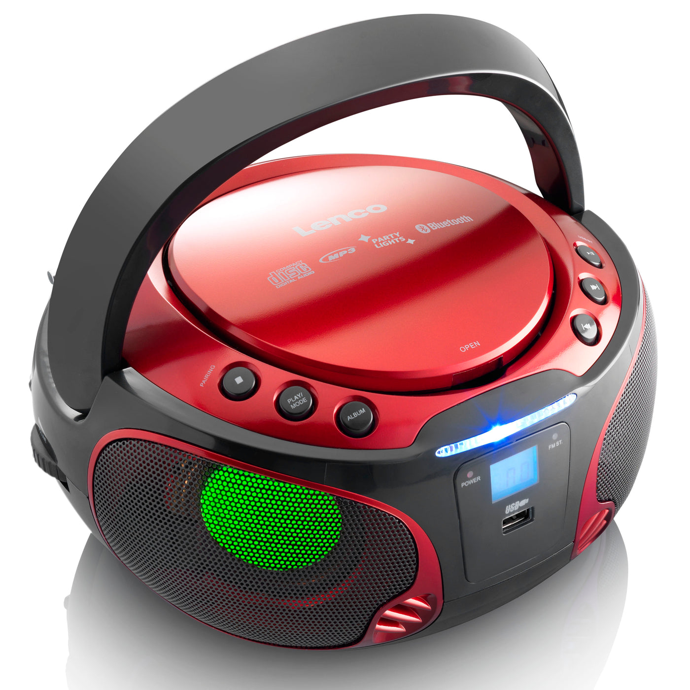 LENCO SCD-550RD - Portable FM Radio CD/MP3/USB/Bluetooth® player with LED lighting - Red