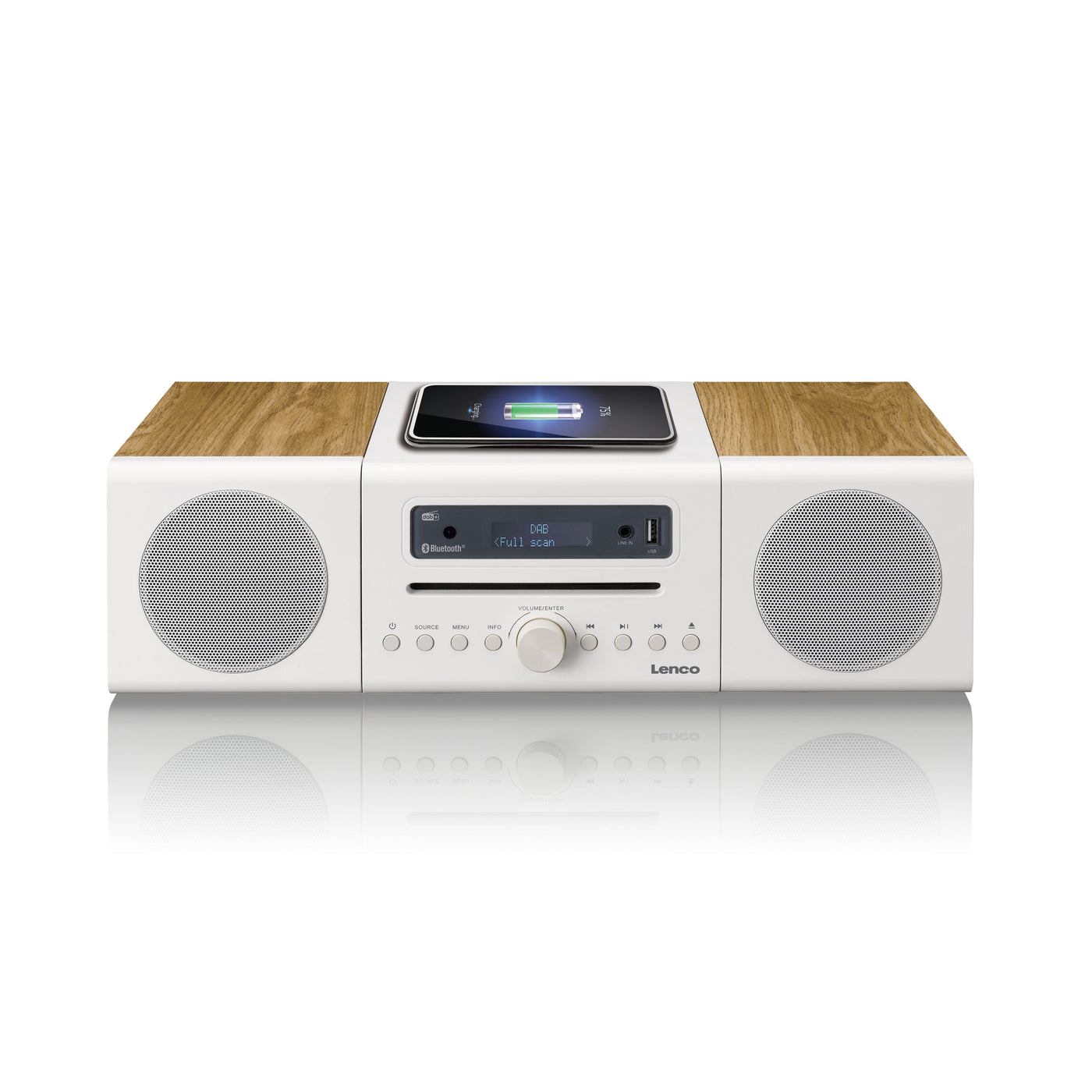 LENCO MC-375WHWD - HiFi Stereo system with DAB+/FM Radio, Bluetooth®, CD Player, and wireless charging station - White/Wood