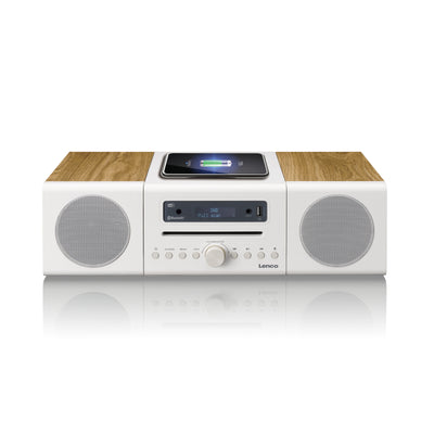 LENCO MC-375WHWD - HiFi Stereo system with DAB+/FM Radio, Bluetooth®, CD Player, and wireless charging station - White/Wood