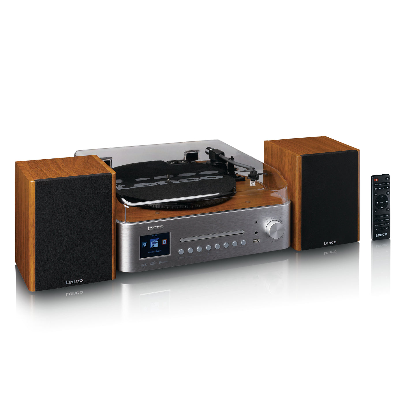 LENCO MC-660WDSI - Hifi set met internet, DAB+ en FM radio, Bluetooth®, CD/MP3-speler en platenspeler met twee externe houten luidsprekers - Zilver/Hout