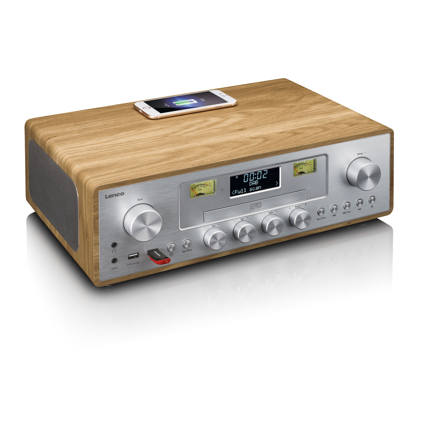 LENCO DAR-281WDSI - DAB+/FM radio met CD-speler, USB, Bluetooth® en draadloos oplaadpunt - Hout/Zilver