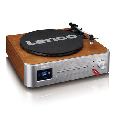 LENCO MC-660WDSI - Hi-Fi system with internet, DAB+, and FM radio, Bluetooth®, CD/MP3 player, and turntable with two external wooden speakers - Silver/Wood