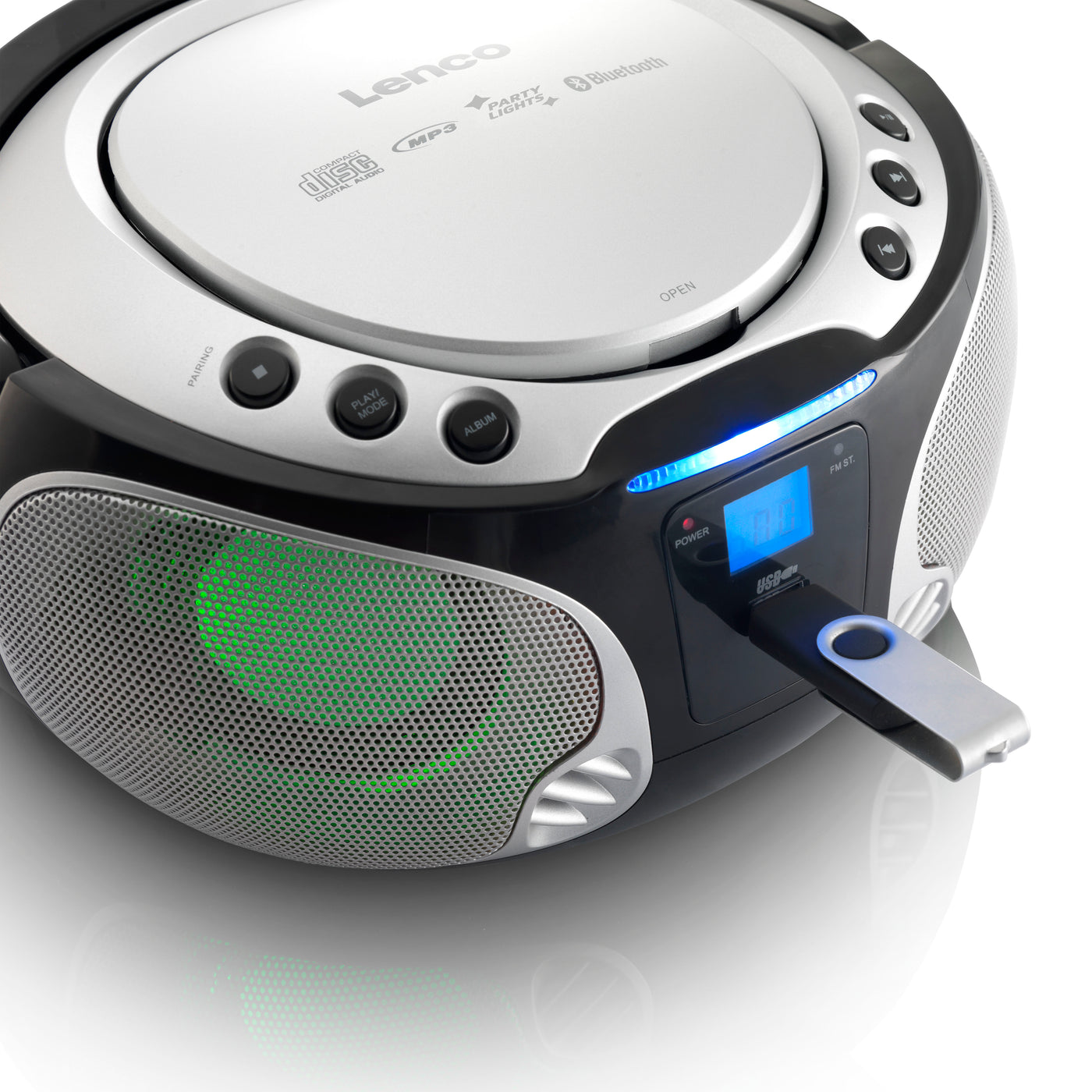 LENCO SCD-550SI - Draagbare FM Radio CD/MP3/USB/Bluetooth®-speler met LED verlichting - Zilver