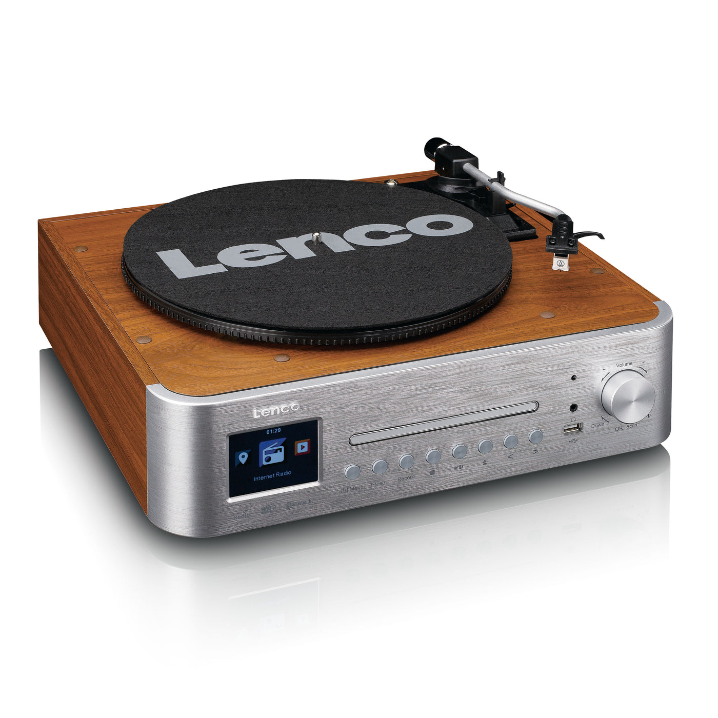 LENCO MC-660WDSI - Hi-Fi system with internet, DAB+, and FM radio, Bluetooth®, CD/MP3 player, and turntable with two external wooden speakers - Silver/Wood