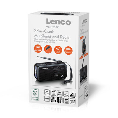 LENCO MCR-113BK - Portable hand crank emergency radio, flashlight and power bank in one - Black