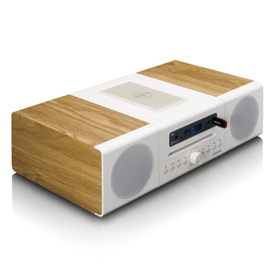LENCO MC-375WHWD - HiFi Stereo system with DAB+/FM Radio, Bluetooth®, CD Player, and wireless charging station - White/Wood