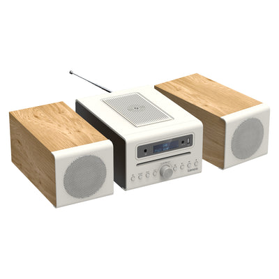 LENCO MC-375WHWD - HiFi Stereo system with DAB+/FM Radio, Bluetooth®, CD Player, and wireless charging station - White/Wood