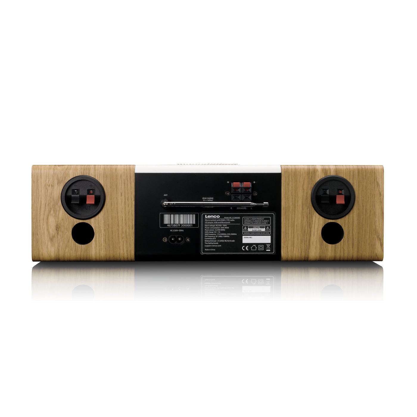 LENCO MC-375WHWD - HiFi Stereo system with DAB+/FM Radio, Bluetooth®, CD Player, and wireless charging station - White/Wood
