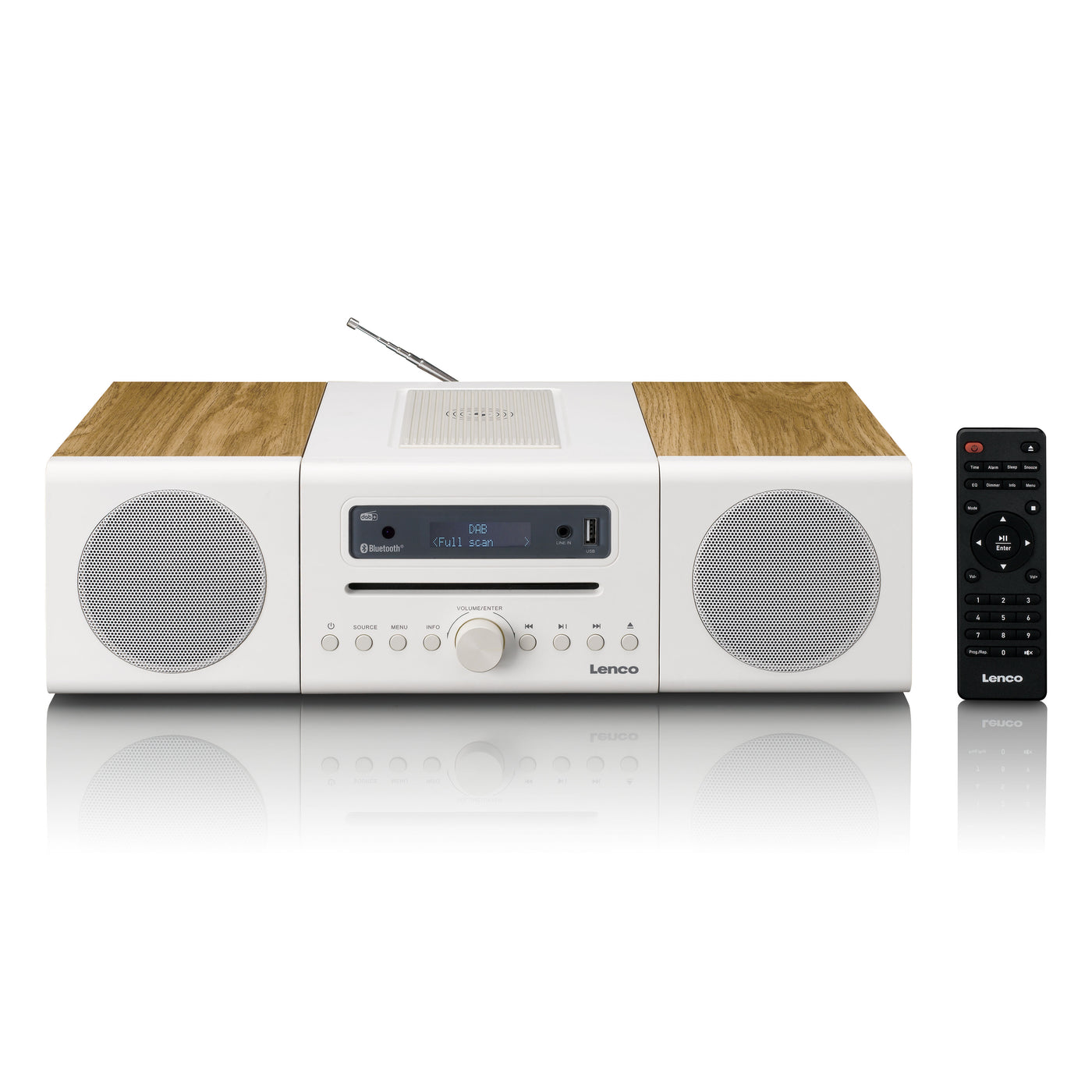 LENCO MC-375WHWD - HiFi Stereo system with DAB+/FM Radio, Bluetooth®, CD Player, and wireless charging station - White/Wood