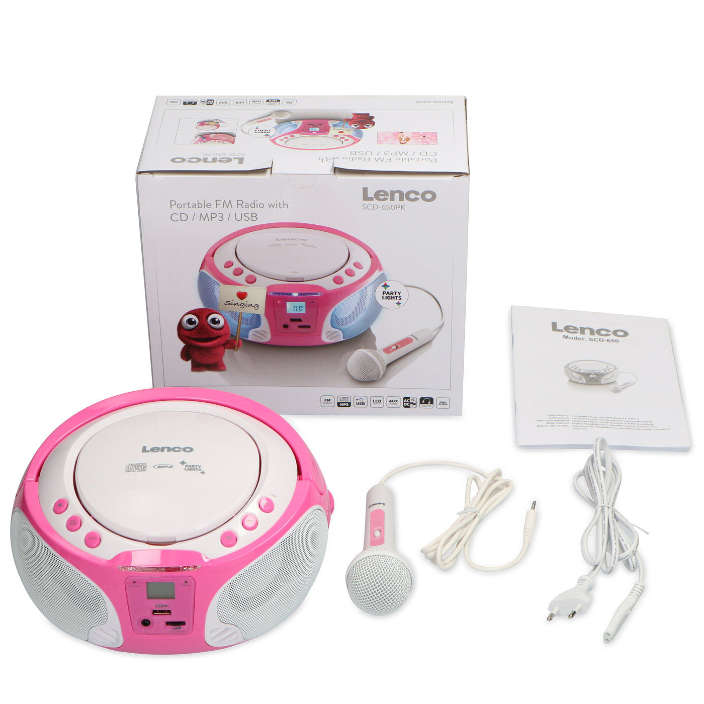 LENCO SCD-650PK - Draagbare FM Radio CD/MP3/USB speler microfoon en licht effecten - Roze