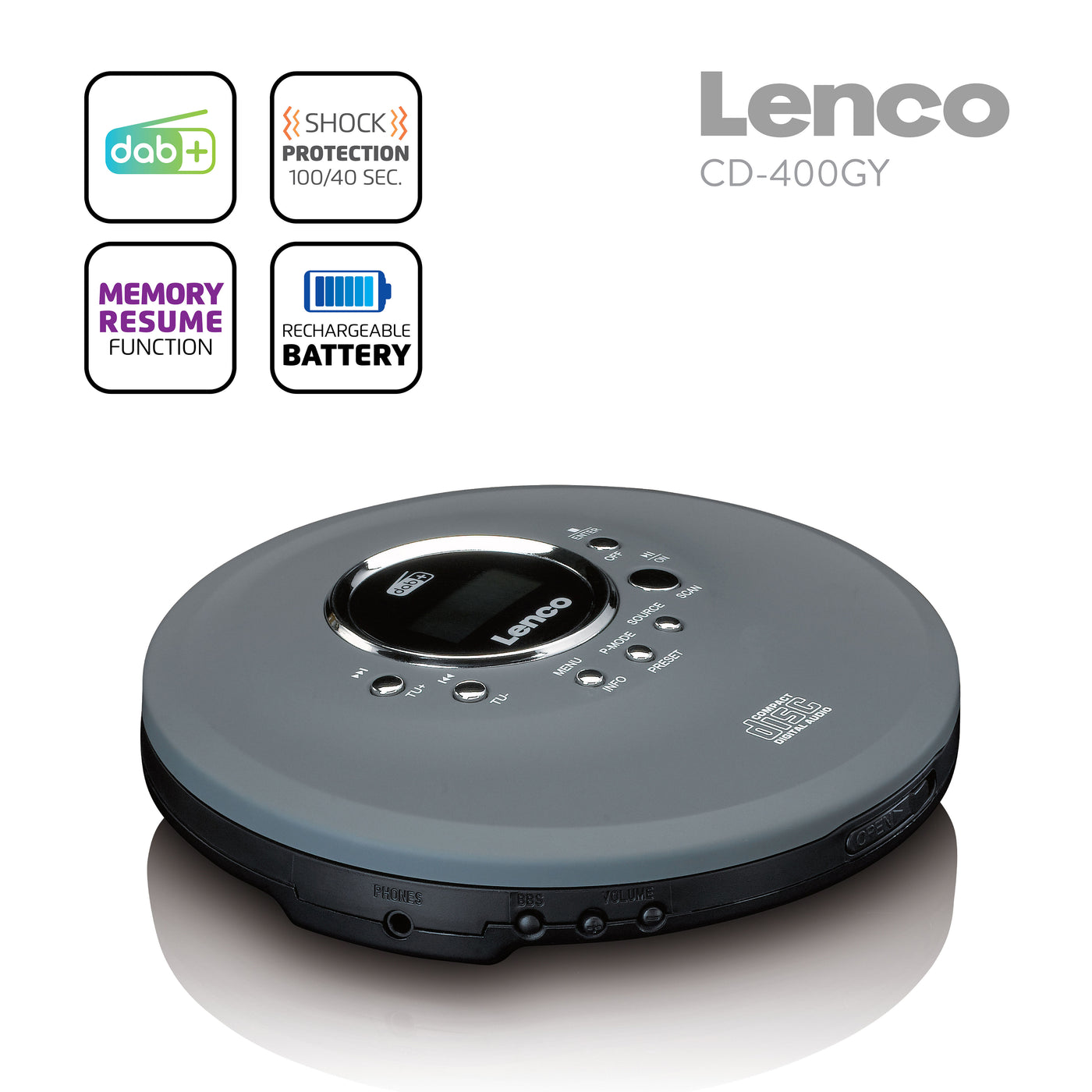 LENCO CD-400GY - Portable CD/ MP3 player for CD, CD-R, CD-RW