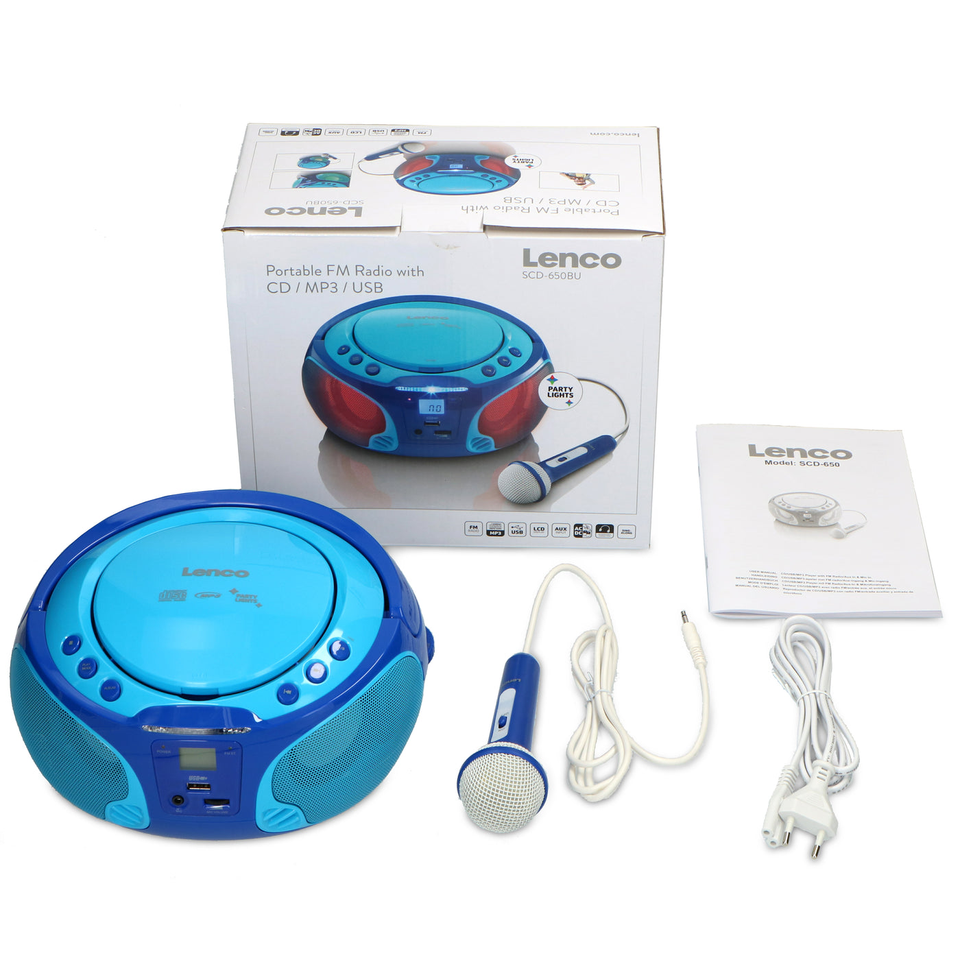 LENCO SCD-650BU - Portable FM Radio CD/MP3/USB Microphone & Light Effects - Blue