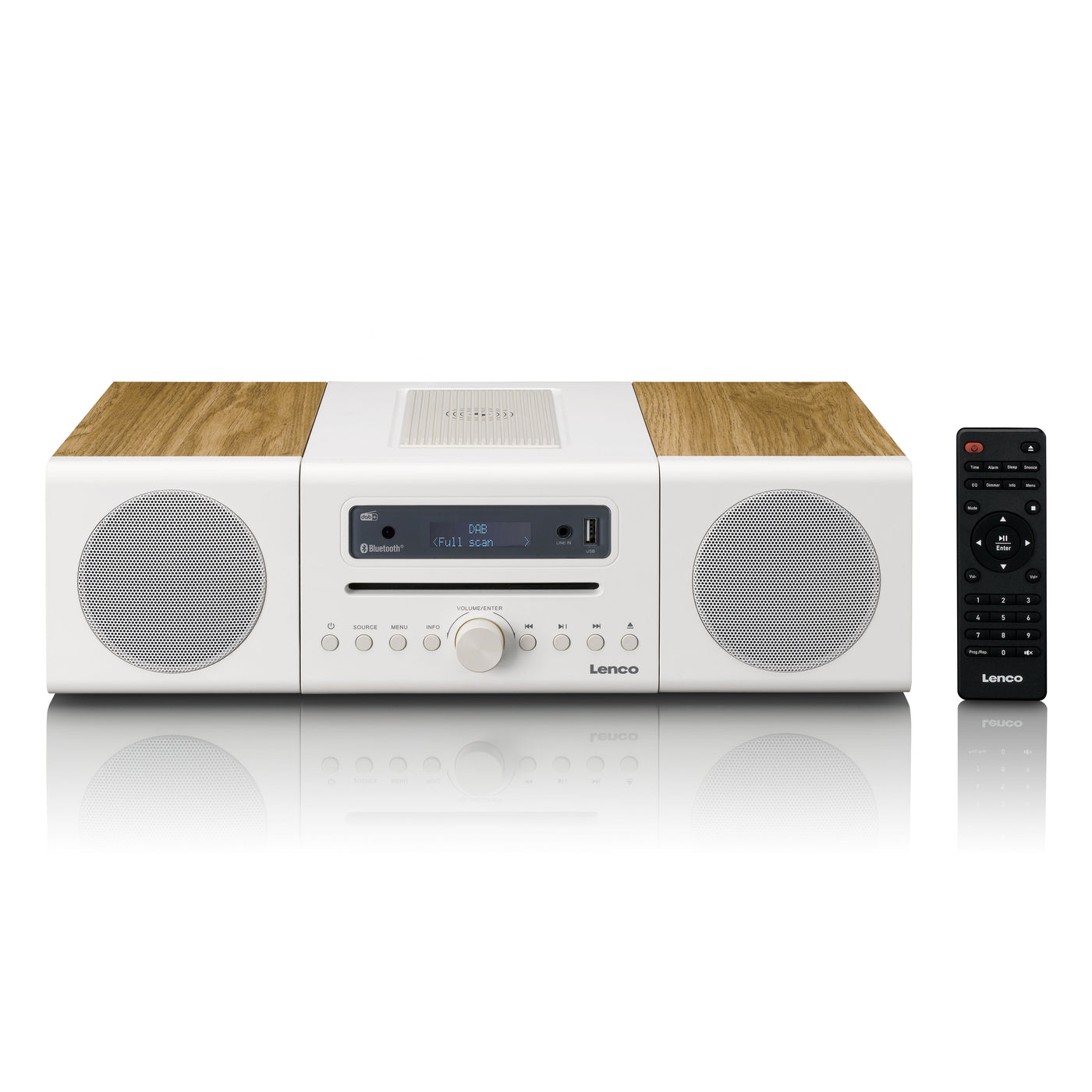 LENCO MC-375WHWD - HiFi Stereo system with DAB+/FM Radio, Bluetooth®, CD Player, and wireless charging station - White/Wood