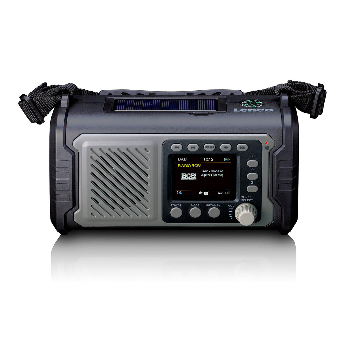 LENCO PDR-455GY - DAB+ FM radio with 20.000MAH rechargeable battery, Bluetooth, light, solar and crank charging, with Bag, AC adaptor and earphones, grey