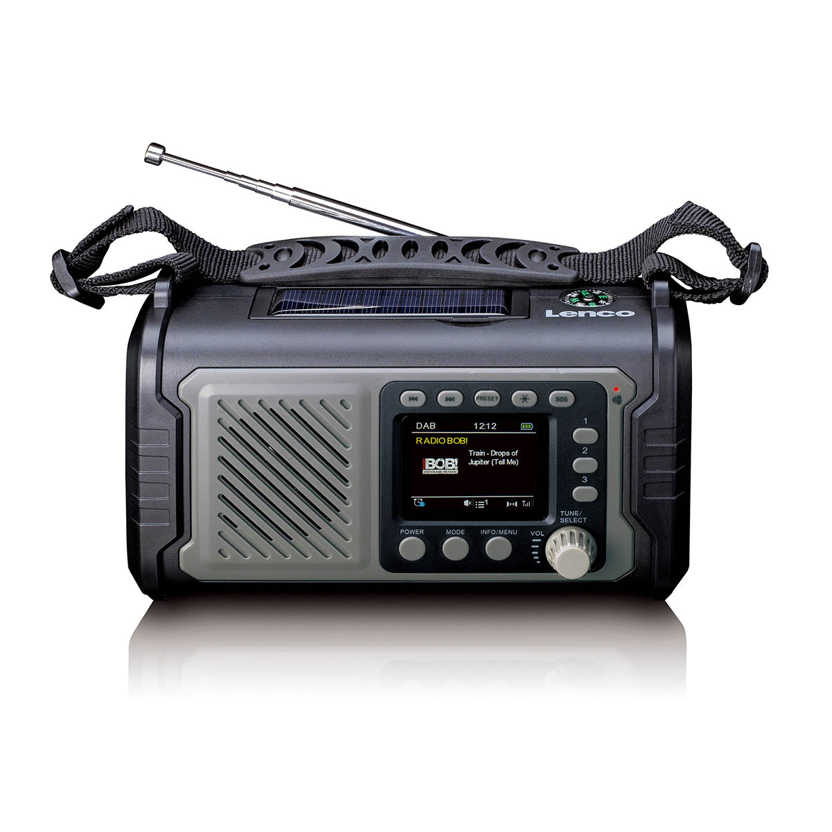 LENCO PDR-455GY - DAB+ FM radio with 20.000MAH rechargeable battery, Bluetooth, light, solar and crank charging, with Bag, AC adaptor and earphones, grey