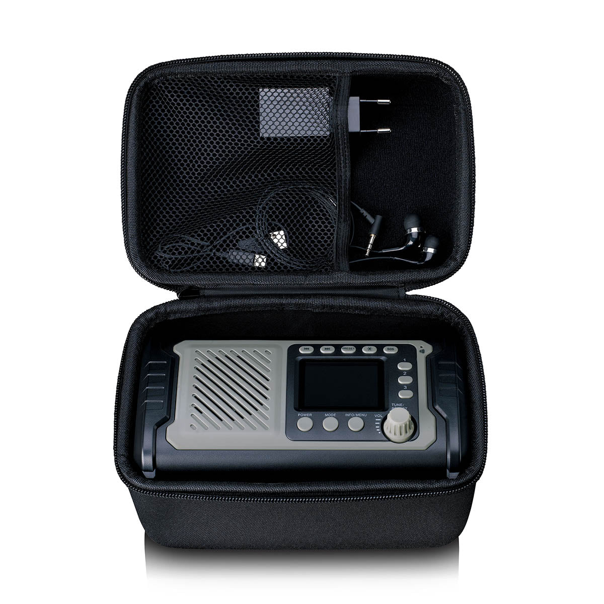 LENCO PDR-455GY - DAB+ FM radio with 20.000MAH rechargeable battery, Bluetooth, light, solar and crank charging, with Bag, AC adaptor and earphones, grey