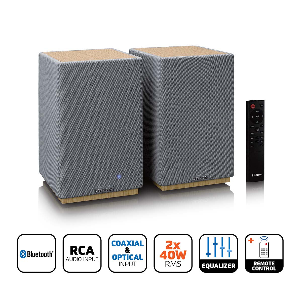 LENCO SPB-241WDGY - Set van 2 HiFi stereo Bluetooth® speakers - Krachtig geluid in een stijlvol design - Hout/Grijs