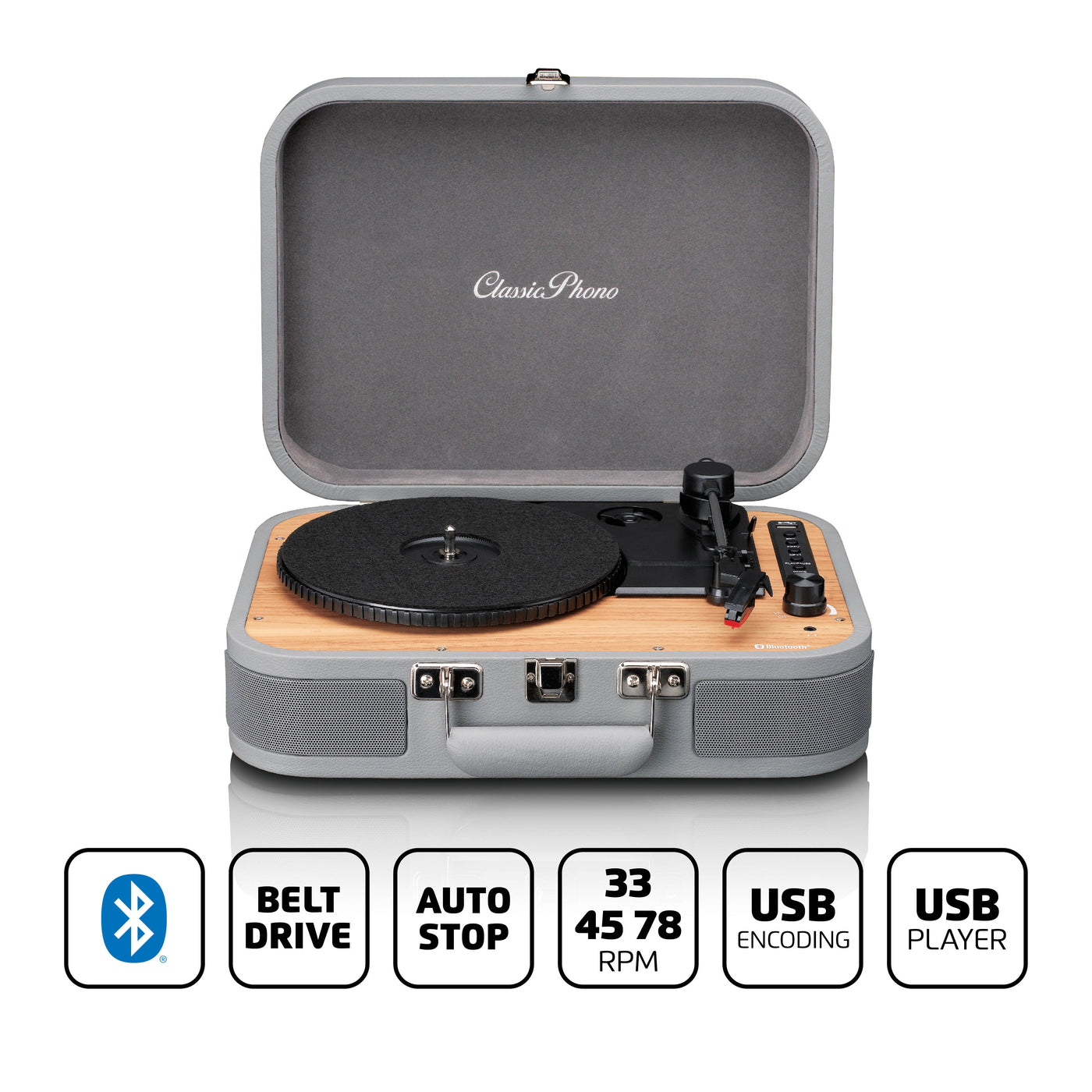 CLASSIC PHONO TT-116GY - Retro Bluetooth® Record Player with built-in speakers - Grey