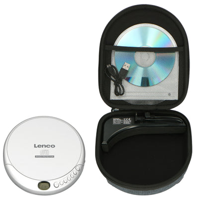 LENCO CD-201SI+PBC-50GY - Draagbare CD/MP3 speler met antischokbescherming en handige opbergcase met ingebouwde powerbank - Zilver/Grijs