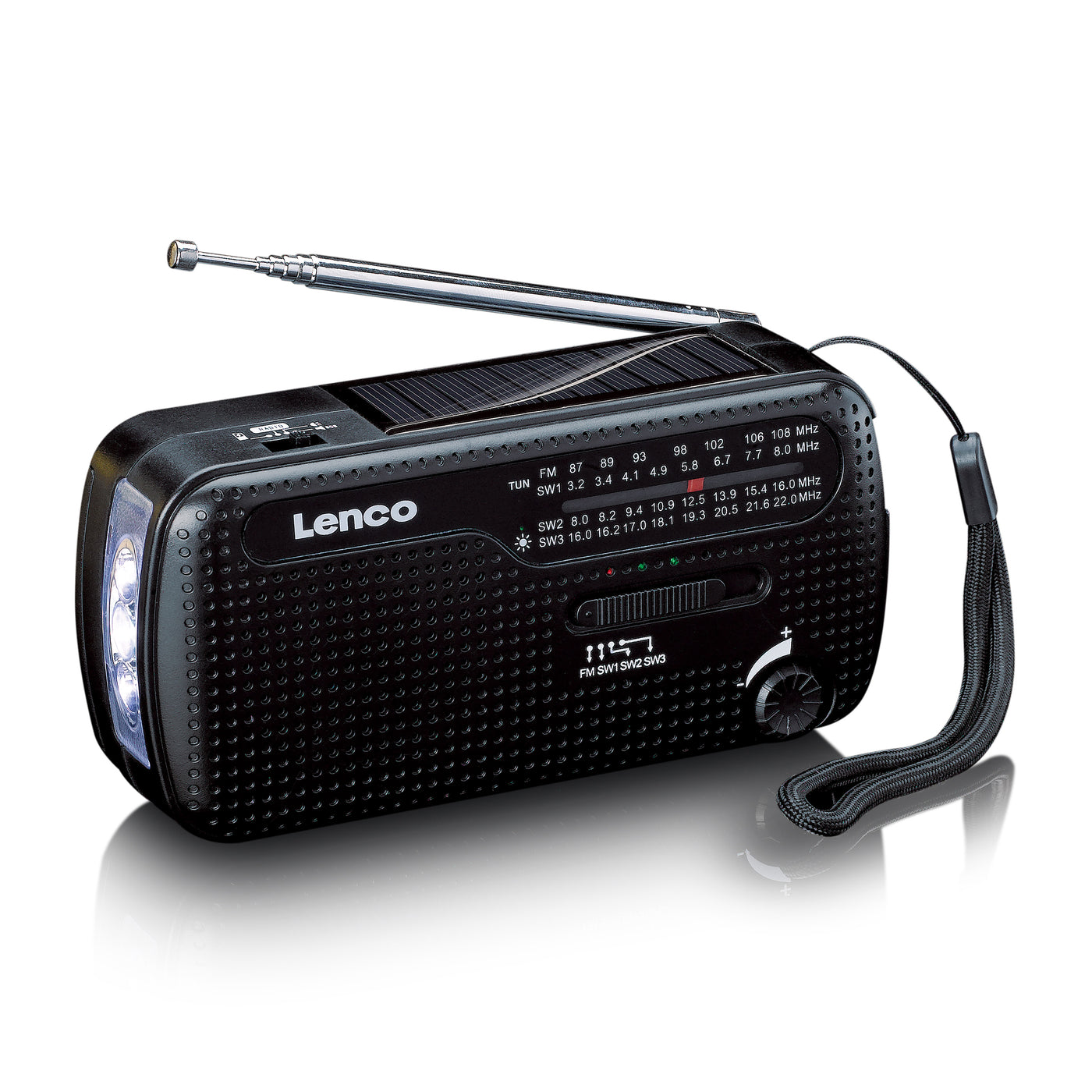 LENCO MCR-113BK - Draagbare opwindbare noodradio, zaklamp en powerbank in één - Zwart