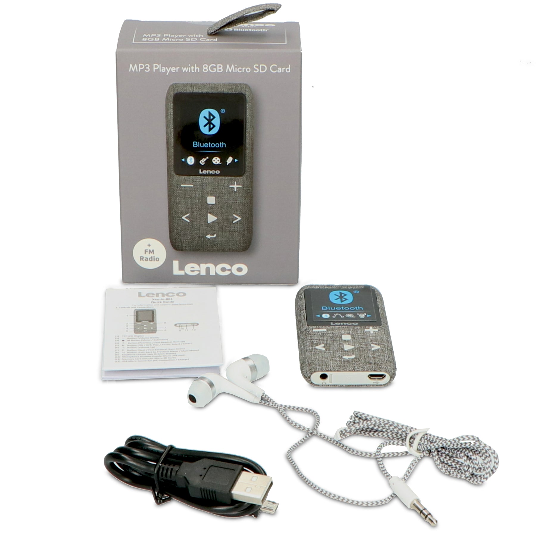 Grey MP3/MP4 Micro Bluetooth® SD 8GB - with Card LENCO Xemio-861GY Player -
