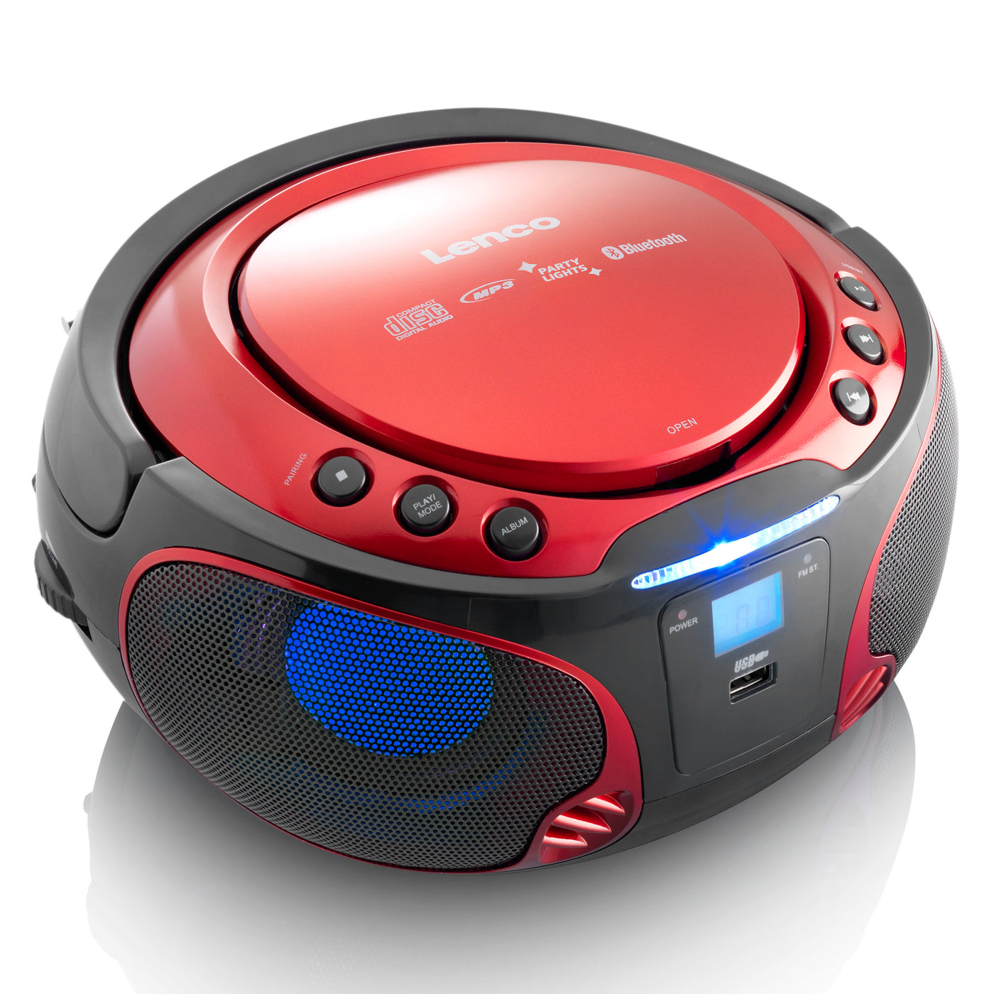 LENCO SCD-550RD - Portable FM Radio CD/MP3/USB/Bluetooth® player with LED lighting - Red