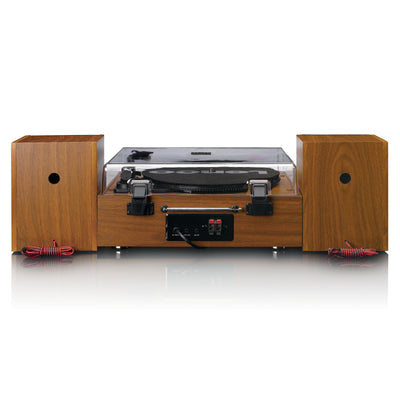 LENCO MC-660WDSI - Hi-Fi system with internet, DAB+, and FM radio, Bluetooth®, CD/MP3 player, and turntable with two external wooden speakers - Silver/Wood