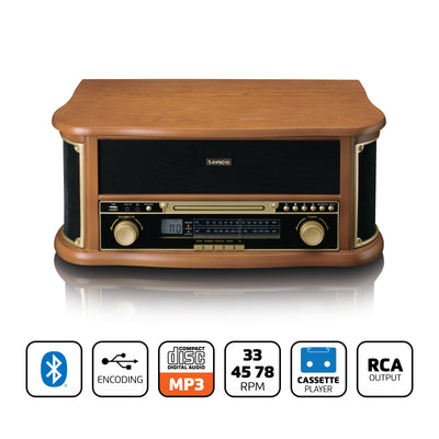 CLASSIC PHONO TCD-2551WD - Wooden retro Record Player with Bluetooth®, AM/FM radio, USB encoding, CD player, cassette player, and built-in speakers - Wood
