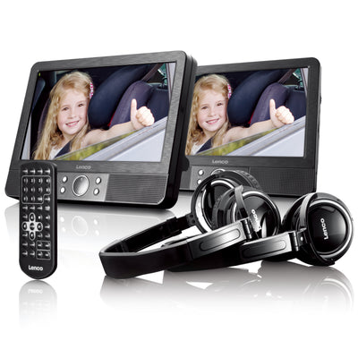 LENCO MES-415 - 9" dubbel scherm - Portable DVD-speler met hoofdtelefoon en brackets - Zwart