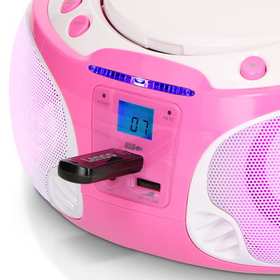 LENCO SCD-650PK - Draagbare FM Radio CD/MP3/USB speler microfoon en licht effecten - Roze