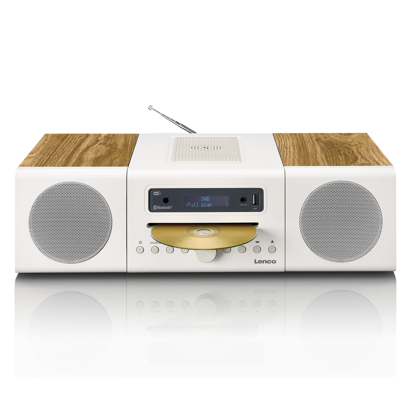 LENCO MC-375WHWD - HiFi Stereo system with DAB+/FM Radio, Bluetooth®, CD Player, and wireless charging station - White/Wood