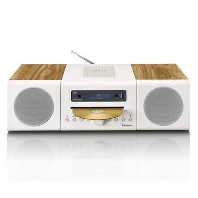 LENCO MC-375WHWD - HiFi Stereo system with DAB+/FM Radio, Bluetooth®, CD Player, and wireless charging station - White/Wood