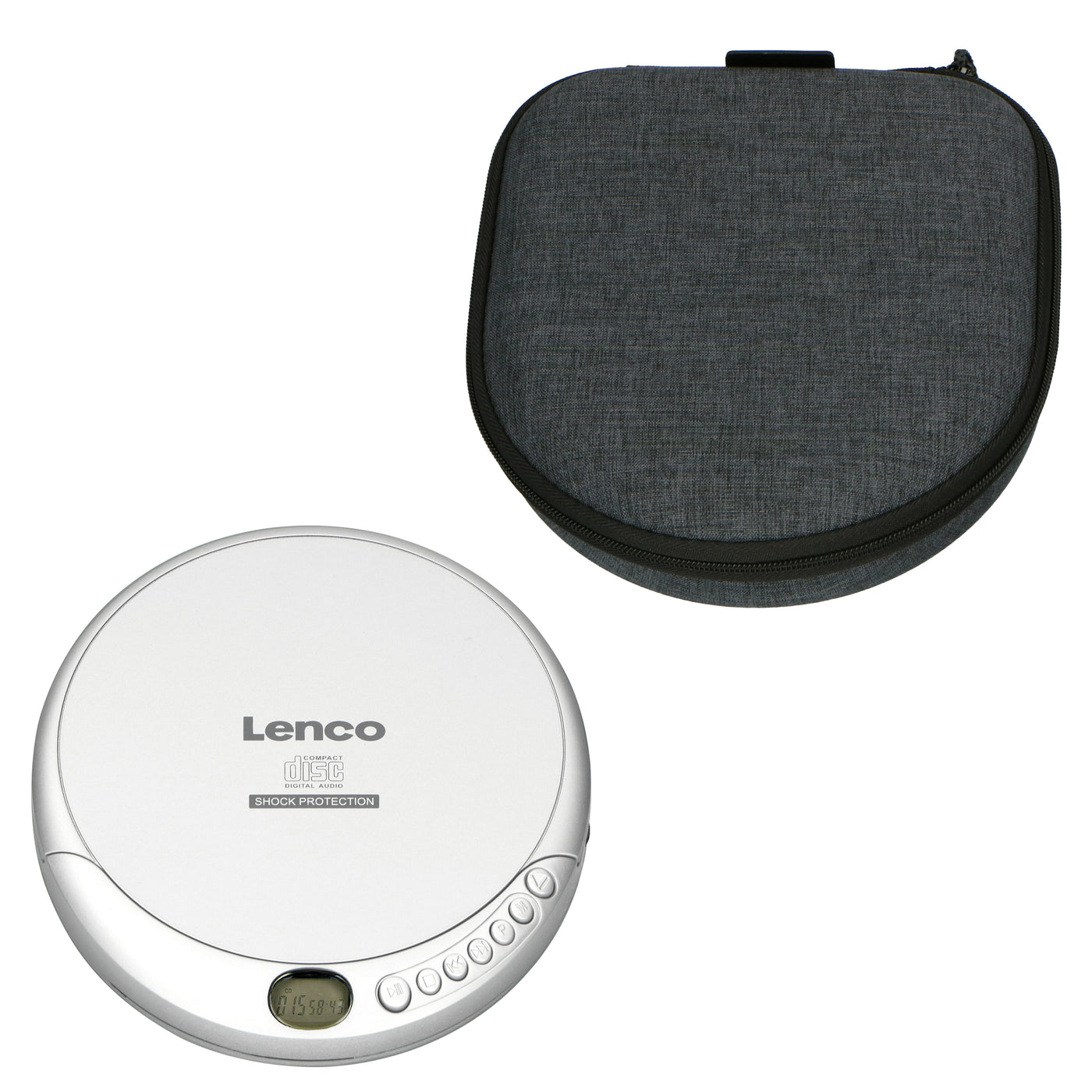 LENCO CD-201SI+PBC-50GY - Draagbare CD/MP3 speler met antischokbescherming en handige opbergcase met ingebouwde powerbank - Zilver/Grijs