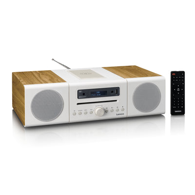 LENCO MC-375WHWD - HiFi Stereo system with DAB+/FM Radio, Bluetooth®, CD Player, and wireless charging station - White/Wood