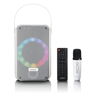 LENCO BTC-060WH - Karaoke set met Bluetooth®, oplaadbare batterij, draadloze karaoke microfoon en disco LED-verlichting - Wit