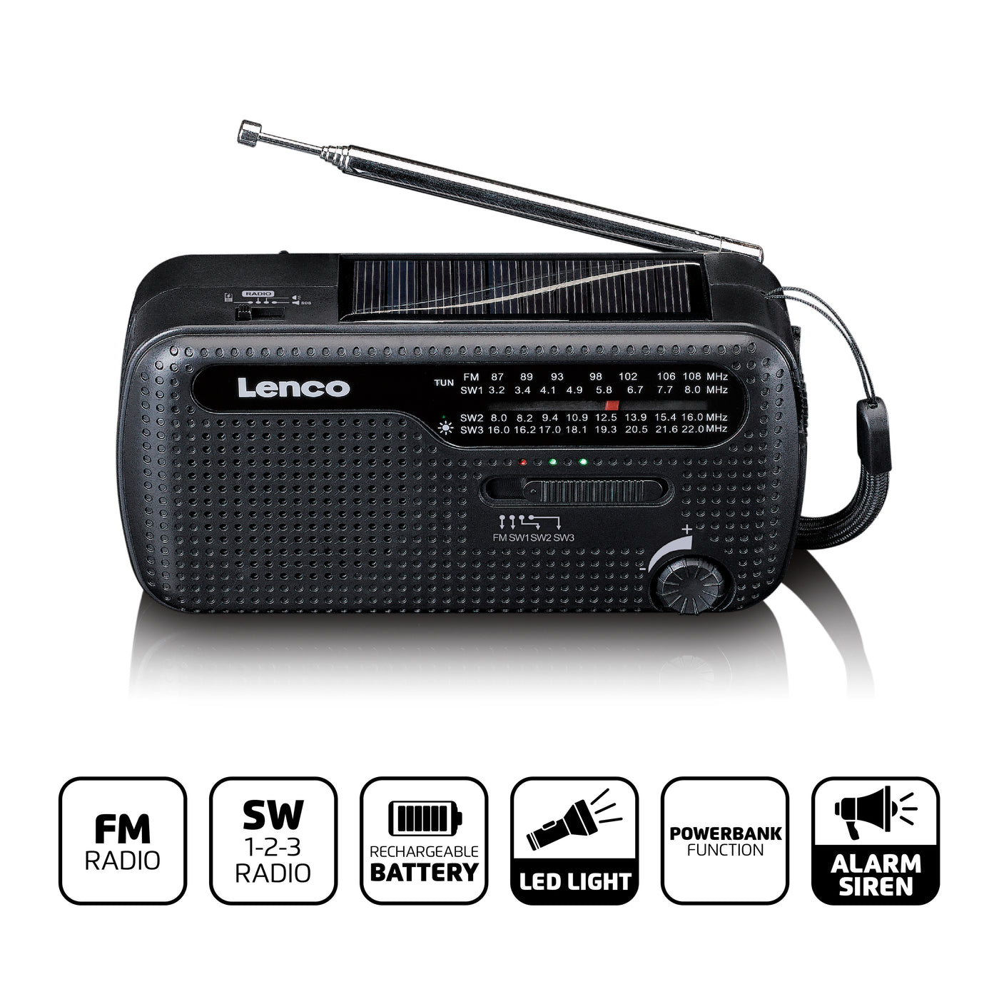 LENCO MCR-113BK - Draagbare opwindbare noodradio, zaklamp en powerbank in één - Zwart