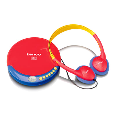 LENCO CD-021KIDS - Portable CD player for children with kids headphones, rechargeable batteries, and built-in sound limiter - Multicoloured