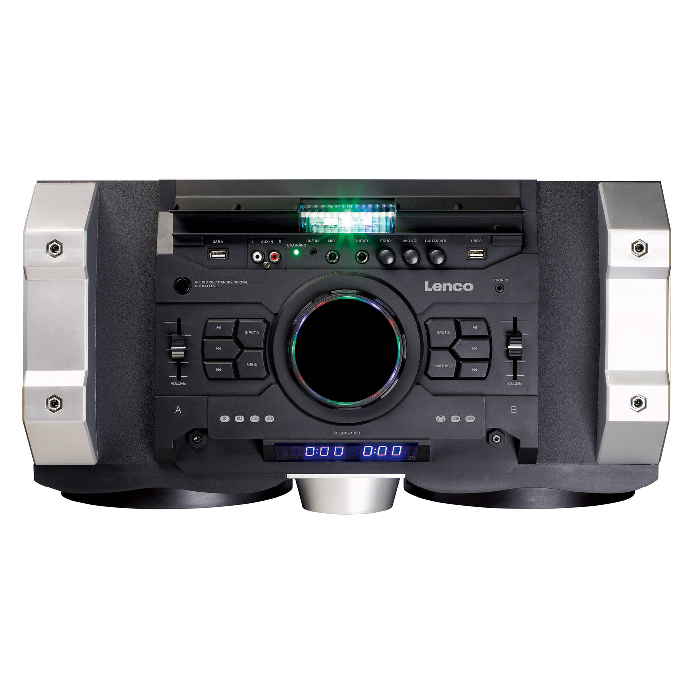 LENCO PMX-150 - High power DJ mixer system with Bluetooth®, USB, FM radio and party lights - Black