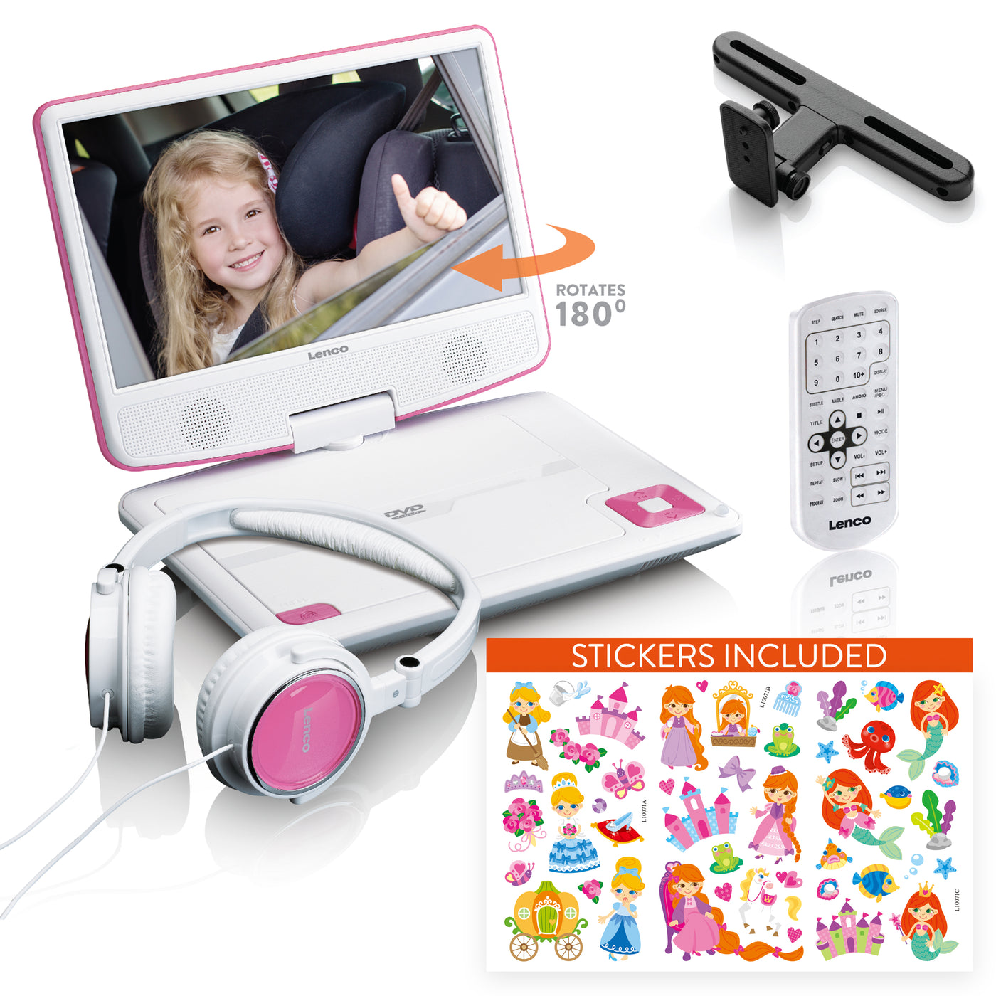 Lenco DVP-920PK - Draagbare DVD-speler met hoofdtelefoon en beugel voor in de auto - Roze/Zwart